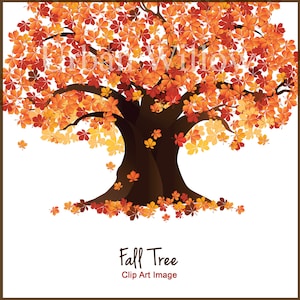 May include: A digital illustration of a fall tree with orange, red, and yellow leaves. The tree is on a white background with the text "Fall Tree Clip Art Image" below it.