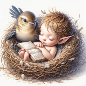 10 Kinder Elfe mit Vogel. Clip Art. Fantasie-Bilder. Kommerzielle Nutzung. Hohe Auflösung. Drucke, Kunsthandwerk, Zeitschriften, Kinderzimmerkunst.
