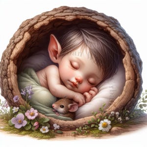 10 adorables imágenes prediseñadas de elfos bebés y ratones durmiendo. Imágenes JPEG de alta calidad. Uso comercial. Impresiones, manualidades, diarios infantiles, decoración infantil.