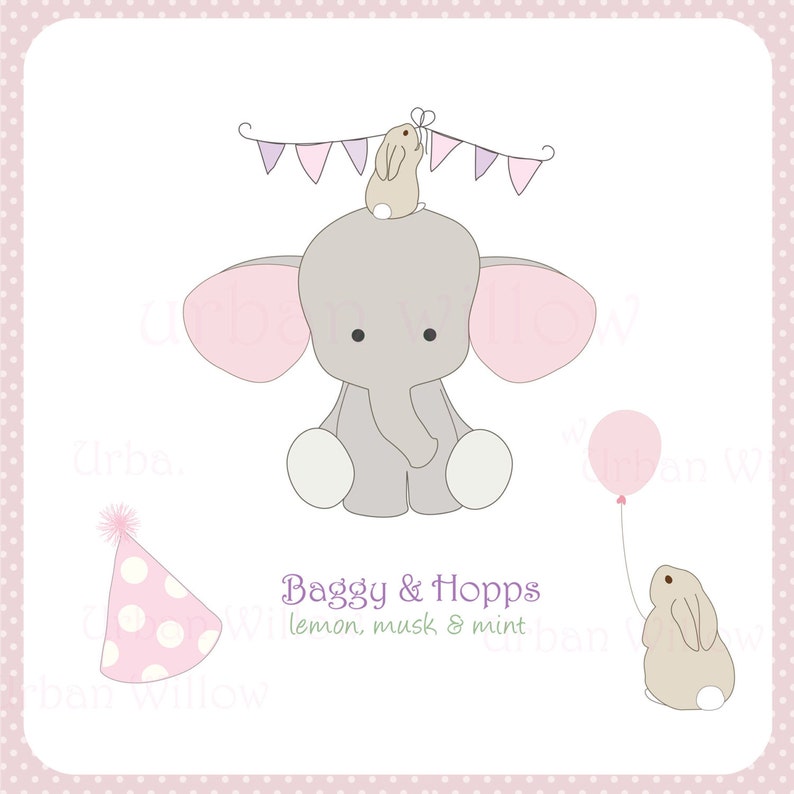 Elephant and Rabbit Clipart Elephant with Balloon Birthday Etsy