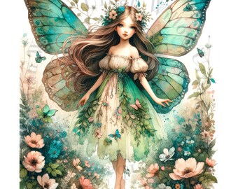 9 人の妖精、幻想的な森の妖精、水彩画のクリップアート、壁プリント