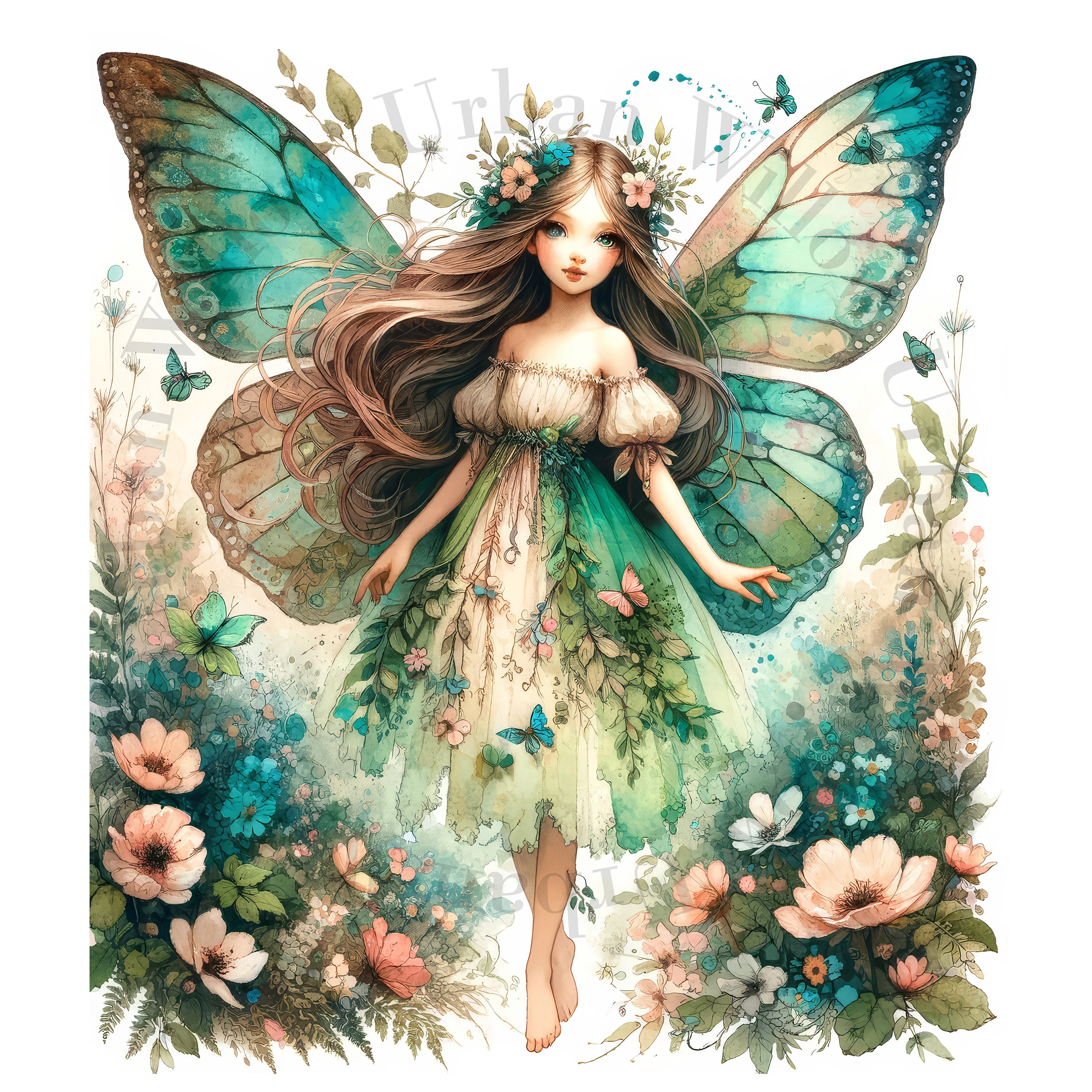 9 人の妖精、幻想的な森の妖精、水彩画のクリップアート、壁プリント