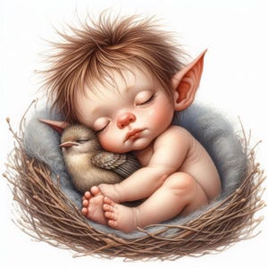 12 Schlafende Elfen Babys und Vogel. Clip Art. Fantasie-Bilder. Kommerzielle Nutzung. Hohe Auflösung. Drucke, Kunsthandwerk, Zeitschriften, Kinderzimmerkunst.