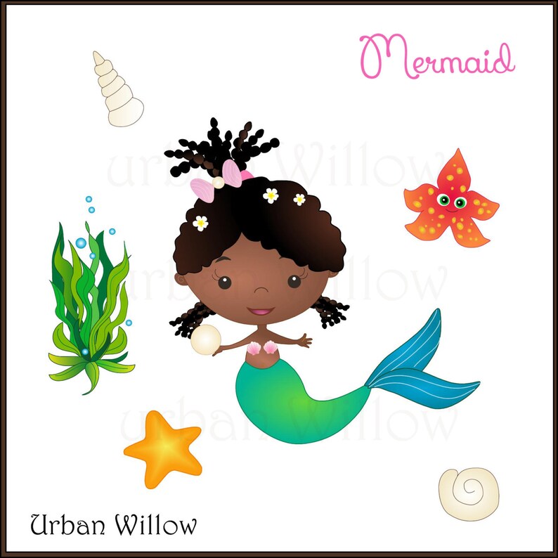 Mermaid on Seahorse African American Mermaid Seashells Cute Girl Clipart Brown Skinned Mermaid MERMAID Clipart African Mermaid