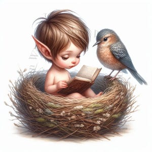 10 Elfen Jungen und ein lesender Vogel im Nest. Clip Art. Fantasie Kunst. Kommerzielle Nutzung. Hohe Auflösung. Drucke, Kunsthandwerk, Zeitschriften, Kinderzimmerkunst.