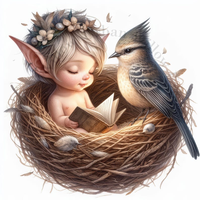 10 Elf Boys and Bird Reading in a Birds Nest. Clipart. Fantasy Art ...