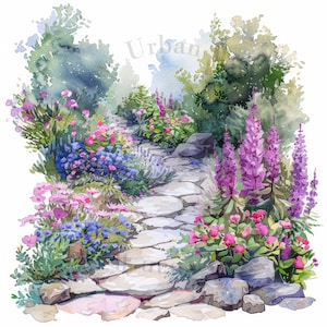 Può includere: Un dipinto ad acquerello di un sentiero di pietra che si snoda attraverso un giardino con vegetazione lussureggiante, fiori rosa e viola, e la parola "Urban" sullo sfondo.