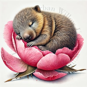 8 Australische Tiere, die Clipart träumen; Wombat, Tasmanischer Teufel, Echidna und Quokka. Entzückende, knuffige Tiere, die in Blumen schlafen.
