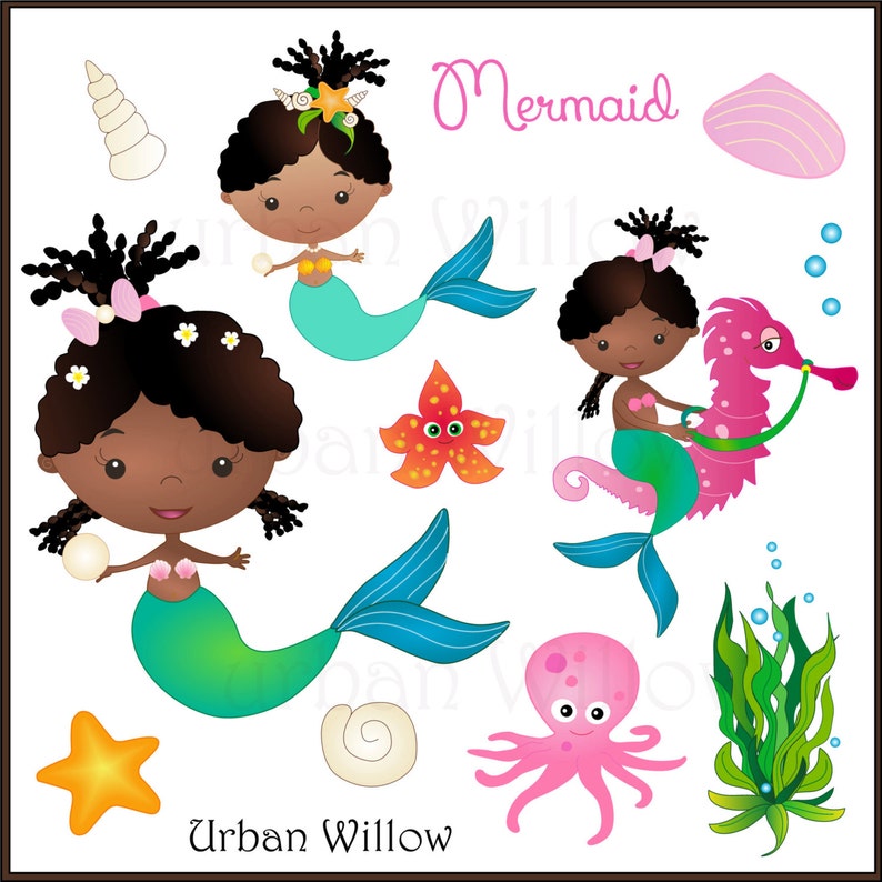 Mermaid on Seahorse African American Mermaid Seashells Cute Girl Clipart Brown Skinned Mermaid MERMAID Clipart African Mermaid