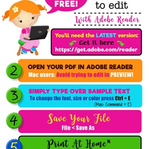 May include: A colourful infographic with five steps on how to edit a PDF document using Adobe Reader. The steps are numbered 1 through 5 and are illustrated with a cartoon girl using a laptop. The steps are: Download Adobe Reader FREE!, Open your PDF in Adobe Reader, Simply type over sample text, Save your file, and Print at home.