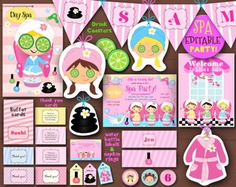 May include: A printable set of party decorations for a spa-themed party. The set includes a banner, invitations, thank you cards, drink coasters, water bottle labels, napkin rings, and a welcome sign. The decorations are pink, blue, and green with images of girls getting spa treatments.