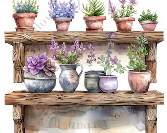 May include: A wooden shelf with two tiers holds a variety of potted plants. The plants include succulents, ferns, and flowering plants in various shades of purple, blue, and green. The shelf is painted a light brown color and has a rustic, farmhouse style.