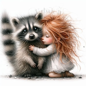 10 bambine con coniglio e procione. Grafica clipart JPEG ad acquerello. Uso commerciale, stampe murali, cartoline, copertine di libri, abbigliamento.
