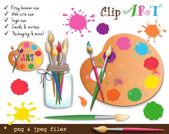 Artist Clipart, Digital Clipart Paint Splashes, Commercial Use OK, Clipart Paintbrush, Palette Graphics, Paint Party Graphic
