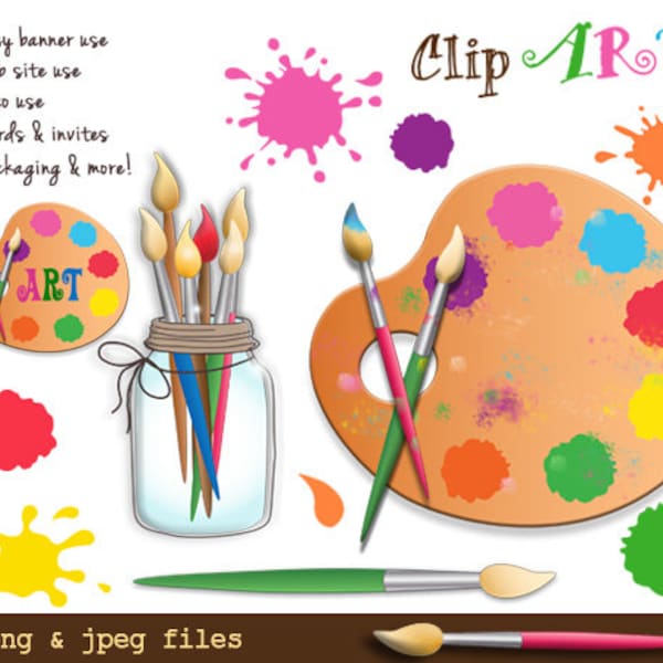 Artist Clipart, Digital Clipart Paint Splashes, Commercial Use OK, Clipart Paintbrush, Palette Graphics, Paint Party Graphic