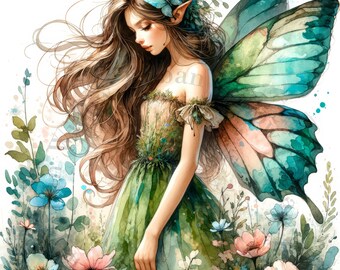 9 人の妖精、幻想的な森の妖精、水彩画のクリップアート、壁プリント