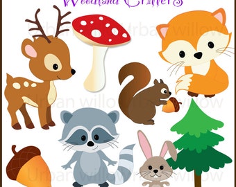 WOODLAND animals, Cute Fox, Cute squirrel clip art, Raccoon Graphic, Woodland Animals Clipart, Commercial Use OK, Rabbit, Cute Deer Image
