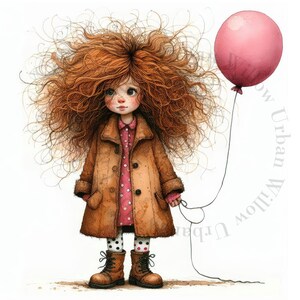 9 RagaMuffin Mädchen und Luftballon. Aquarell und Tusche. Digitale Clip Art Illustrationen, Wand Drucke, Junk Journals,