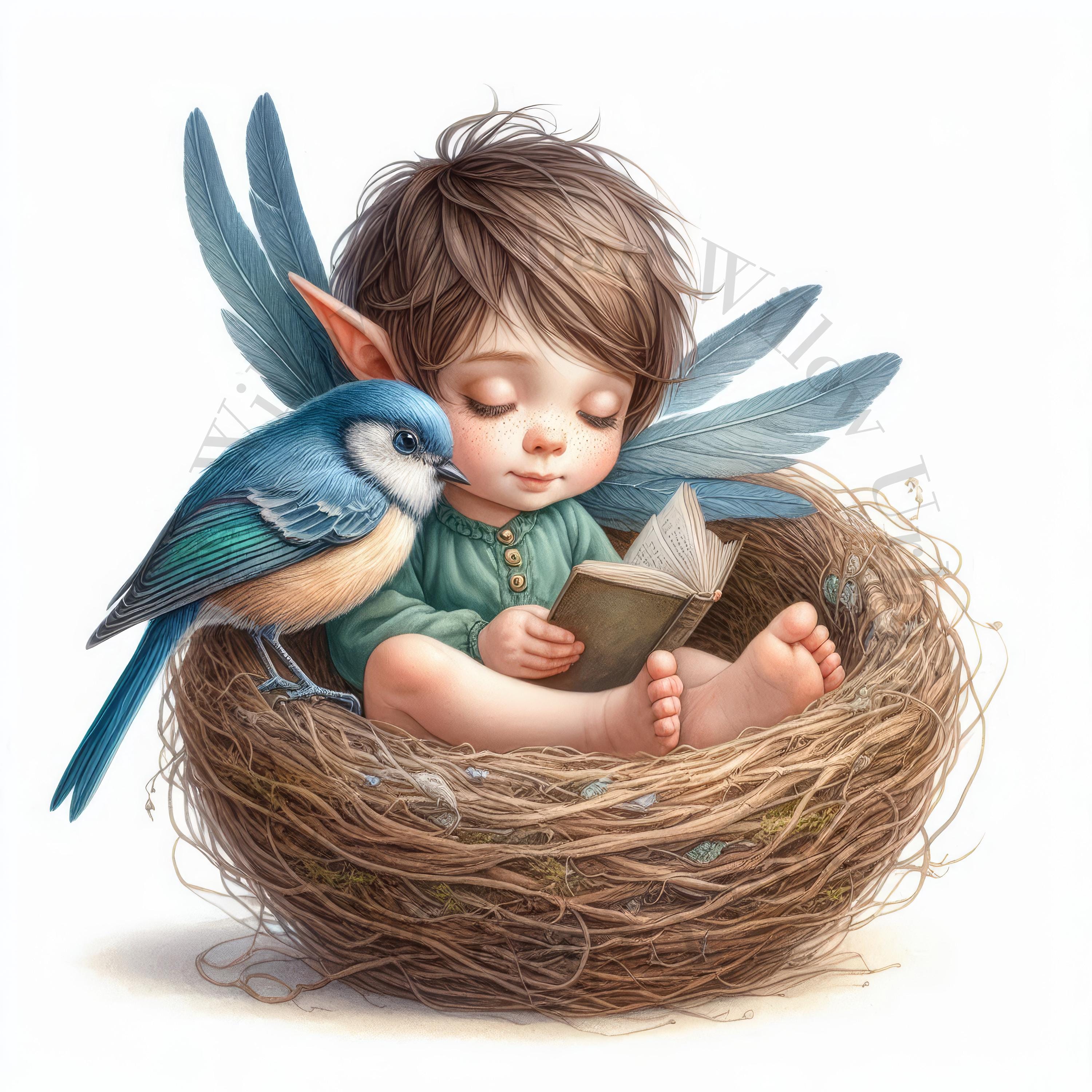 10 Elf Boys and Bird Reading in a Birds Nest. Clipart. Fantasy Art ...