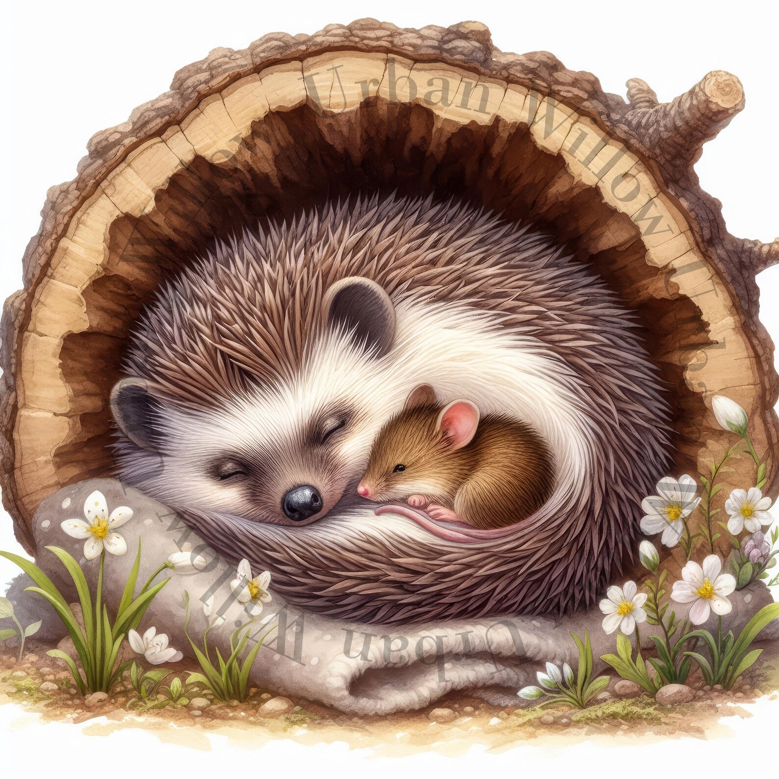 9 Cute Hedgehog and Mouse Sleeping in a Tree Hollow Clipart. High ...