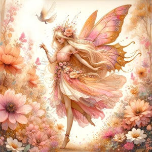 10 fées, clipart aquarelle, style artistique shabby chic, pêche et or, impressions murales, journaux indésirables, impressions pour enfants, graphiques à usage commercial.