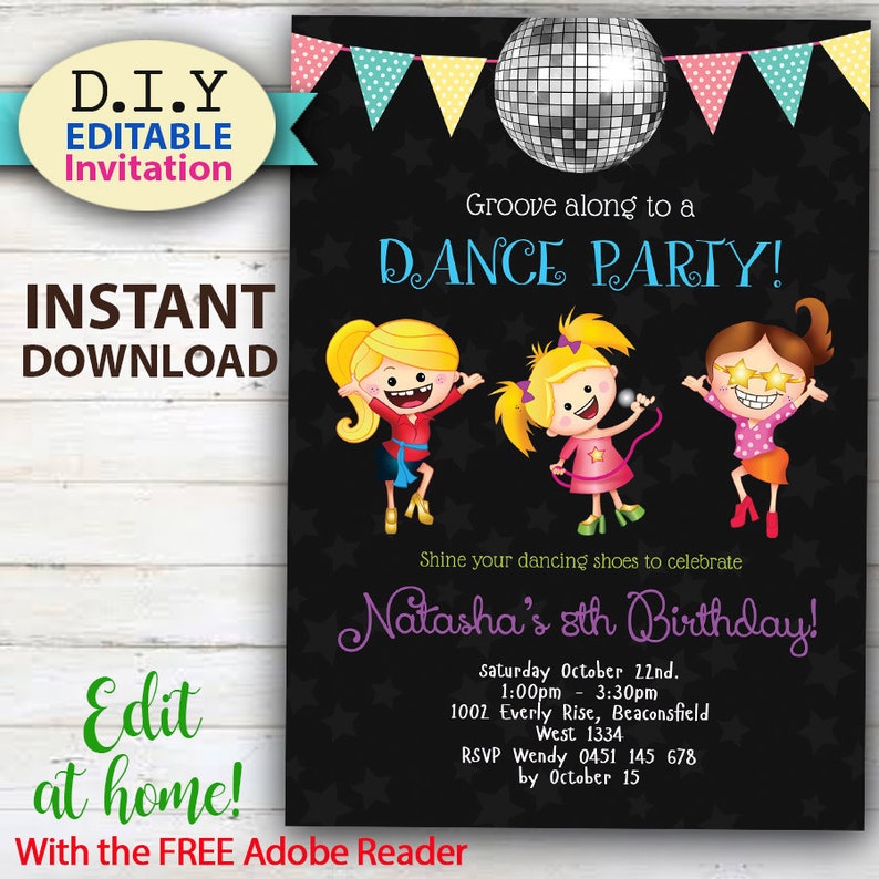 EDITABLE Dance Party Invitation Doityourself Birthday Etsy