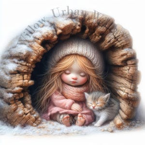 9 pequeñas niñas del bosque con gatitos, imágenes de alta definición, ilustraciones digitales Jpeg, impresiones de pared, decoupage, gráficos de uso comercial.