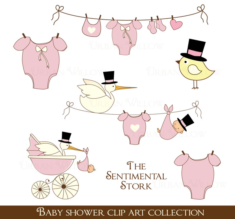 Clip Art Art Collectibles Digital Clipart Owl Baby In Pram Baby Girl Clipart Baby Shower Announcment Graphics Graphics Baby Pink Stork In Top Hat Clipart Stork