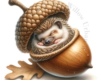 May include: A small hedgehog curled up and sleeping inside a brown acorn. The acorn has a cap on top and is sitting on a brown oak leaf.