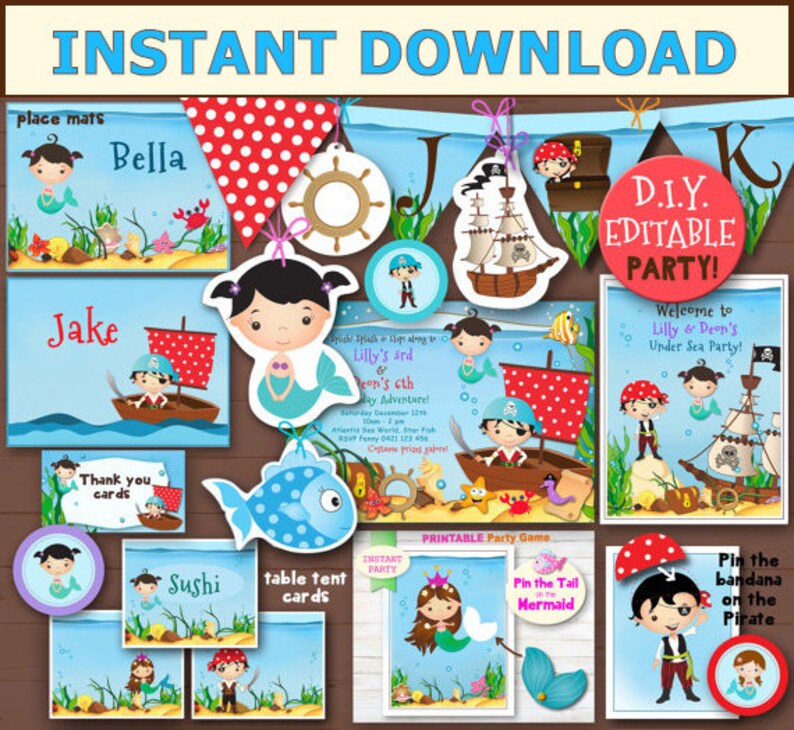 EDITABLE Pirate and Mermaid Party Printables Mermaid and | Etsy