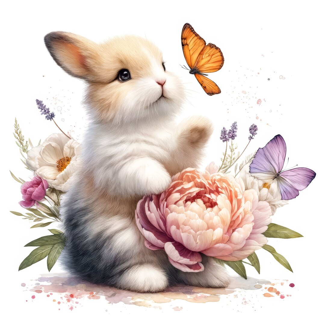 10 Cute Animals Clipart, Rabbit, Flowers, Garden, Watercolor Clipart ...