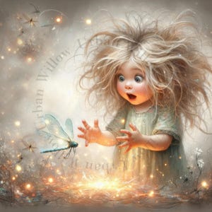 Magisches Mädchen und Libelle, Digitalbild. Erstelle Wanddrucke, Junk Journals, Kinderdrucke, Grafiken für den kommerziellen Gebrauch.