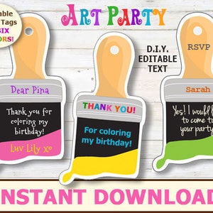 EDITABLE - Paint Brush Tags, Art Party favor tags, Art Party Thank you tags, Paint Brush Party Cards, Art Party Printables, Cute Party tags