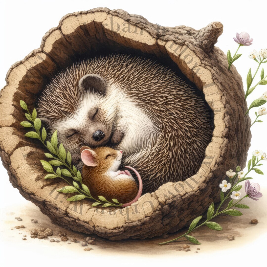 9 Cute Hedgehog and Mouse Sleeping in a Tree Hollow Clipart. High ...