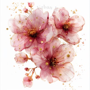 10 種類の野生の花、ワインとゴールドの色、水彩画のクリップアート、栗色、押し花、高品質 JPG、デジタル ダウンロード、ペーパー クラフト