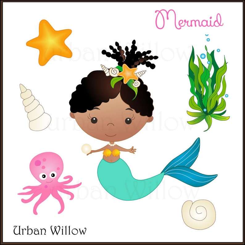 Mermaid on Seahorse African American Mermaid Seashells Cute Girl Clipart Brown Skinned Mermaid MERMAID Clipart African Mermaid