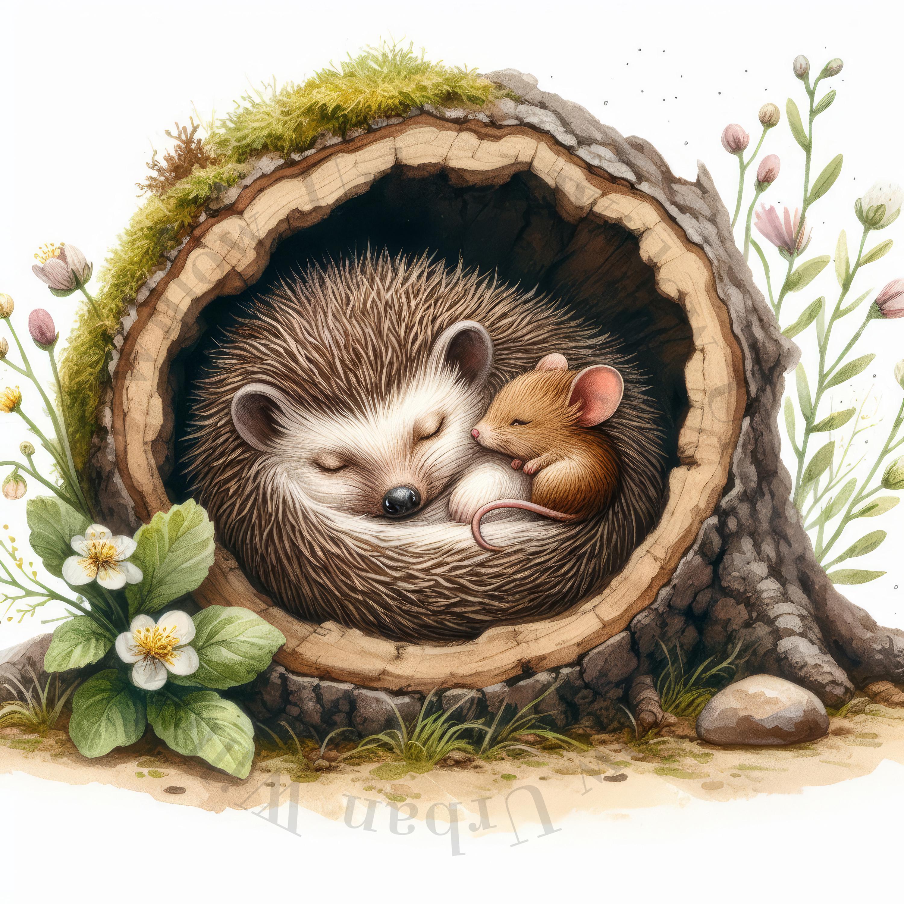 9 Cute Hedgehog and Mouse Sleeping in a Tree Hollow Clipart. High ...
