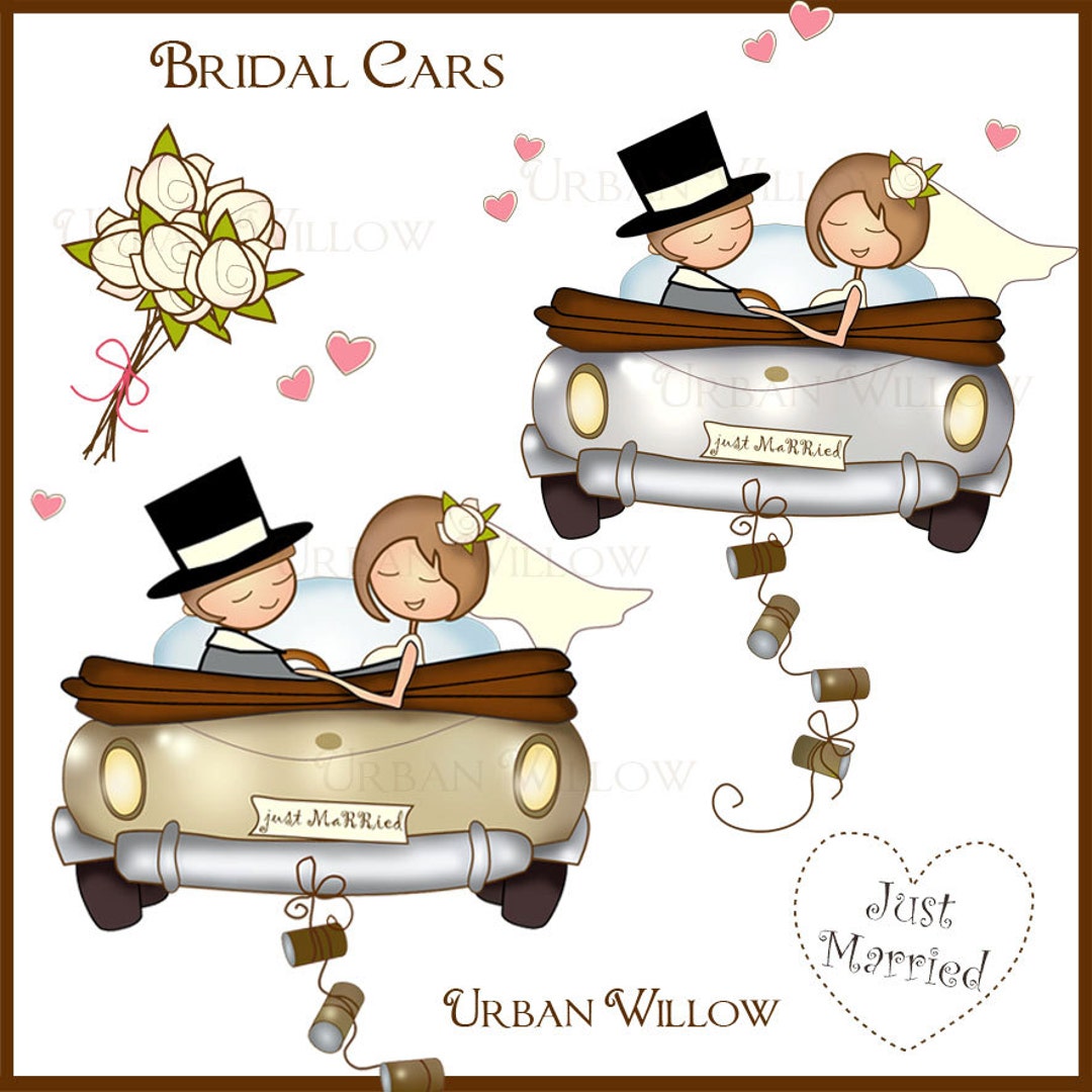 JUST MARRIED Wedding Car Clipart, Bride and Groom Graphics, Digital Clipart  Wedding, Anniversary Images, Groom in Top Hat, White Roses 