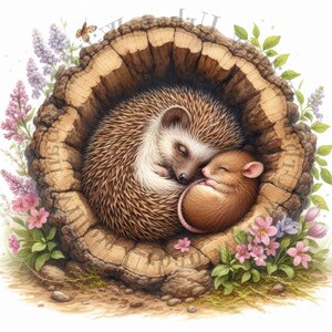 9 Cute Hedgehog and Mouse Sleeping in a Tree Hollow Clipart. High ...