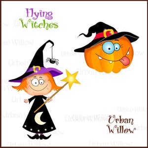 May include: Two Halloween illustrations: a cartoon witch with a purple hat, orange hair, and a black dress holding a star-shaped wand, and a pumpkin with a witch's hat and a toothy grin.
