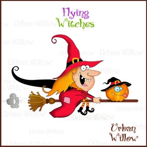 May include: A cartoon illustration of a witch flying on a broomstick with a pumpkin wearing a witch's hat beside her. The text "Flying Witches" is at the top of the image.