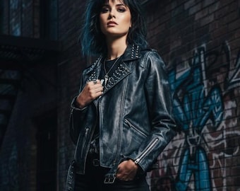 スタッズレザージャケット レディース ハンドメイド フルブラック