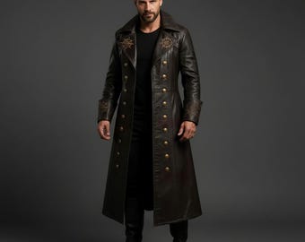 Men’s Captain-Inspired Real Leather Long Trench Coat | Vintage Pirate Brown Cosplay Coat | Trench Cosplay Winter Coat