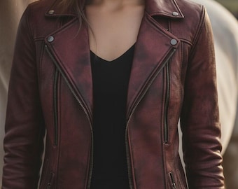 Women’s Vintage burgundy Real Leather Jacket with Zipper Pockets | handmade real leather burgundy vintage biker-style coat for women