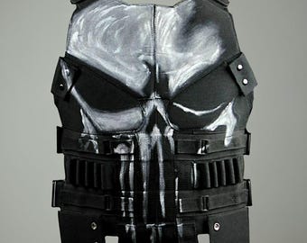 Punisher-Inspired Tactical Leather Vest – Real Leather Skull Armor Cosplay Outfit for Halloween & LARP