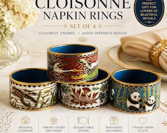 Vintage Cloisonné Napkin Rings Set of 4 – Colorful Enamel Asian Table Decor – Panda Crane Fish Floral Motifs – Gold Trim – Unique Gift Idea