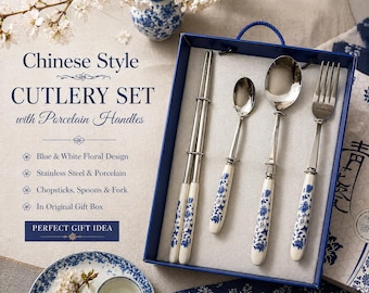 Juego de cubiertos de estilo chino con mangos de porcelana – Diseño floral azul y blanco – Palillos, cuchara y tenedor – Vajilla asiática en caja