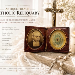 May include: Antique French Catholic reliquary. The mini leather devotional shrine contains a portrait and a relic. The folding case measures 4.5 cm x 4 cm. The relic is from France/Belgium, circa 1920-1940.