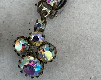 Vintage Aurora Borealis Rhinestone Clip-On Earrings, 1950s Mid-Century Sparkle, Rainbow Crystal Costume Jewelry