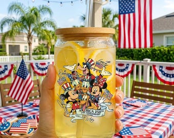 Retro USA 250th Anniversary Mickey & Friends Glass Cup With Lid and Straw, Disney 4th of July Iced Coffee Can, Disney Independence Day Gift